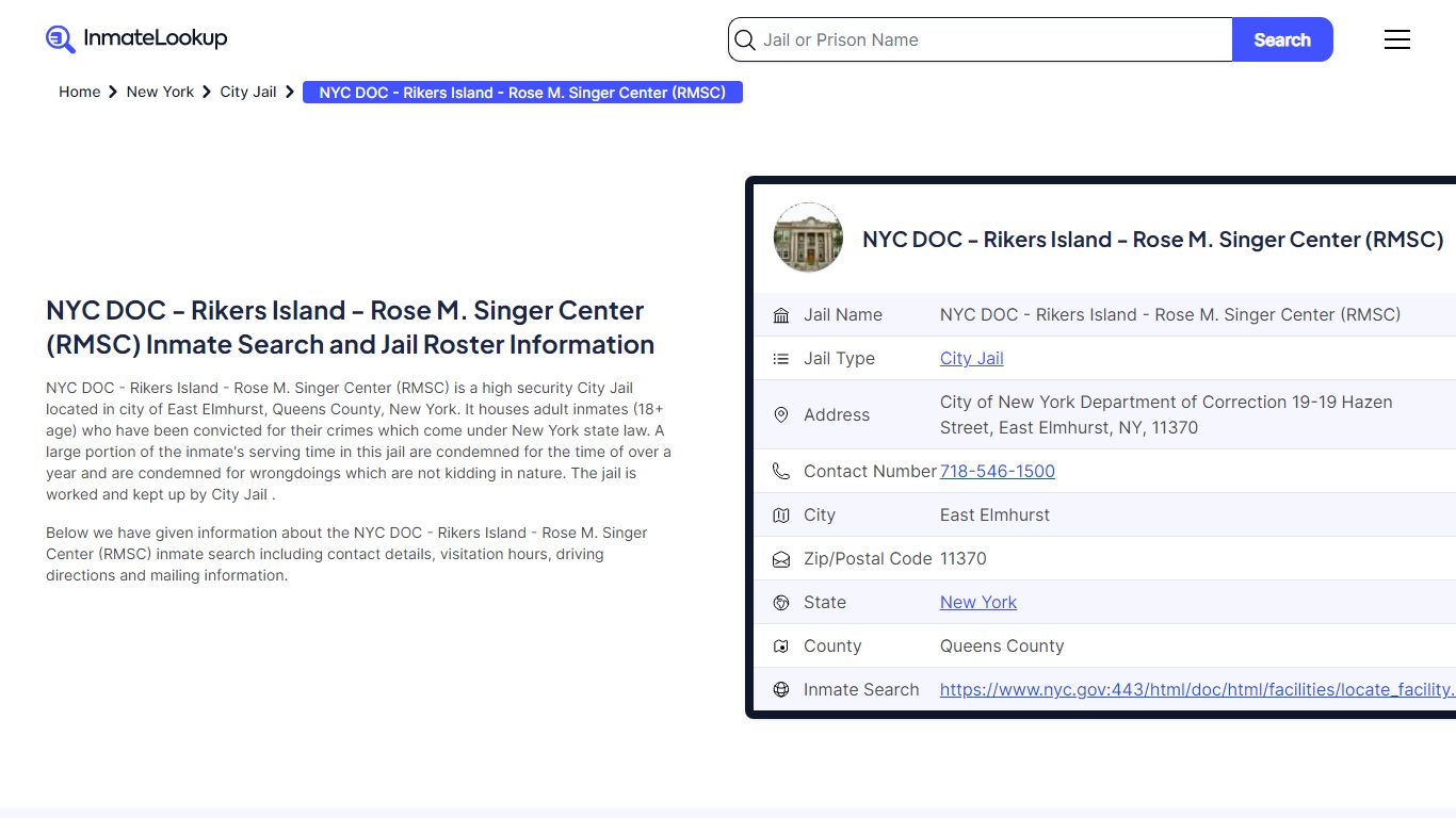 NYC DOC - Rikers Island - Rose M. Singer Center (RMSC) (NY) Inmate ...