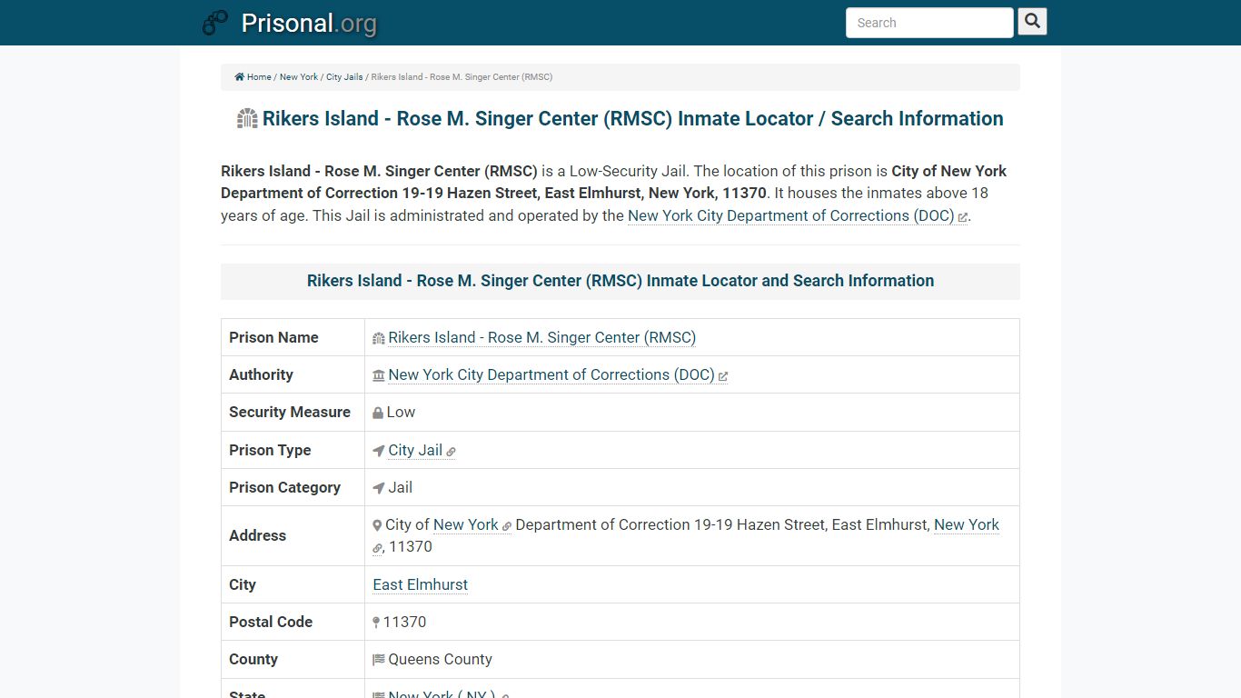 Rikers Island - Rose M. Singer Center (RMSC) Inmate Locator / Search ...